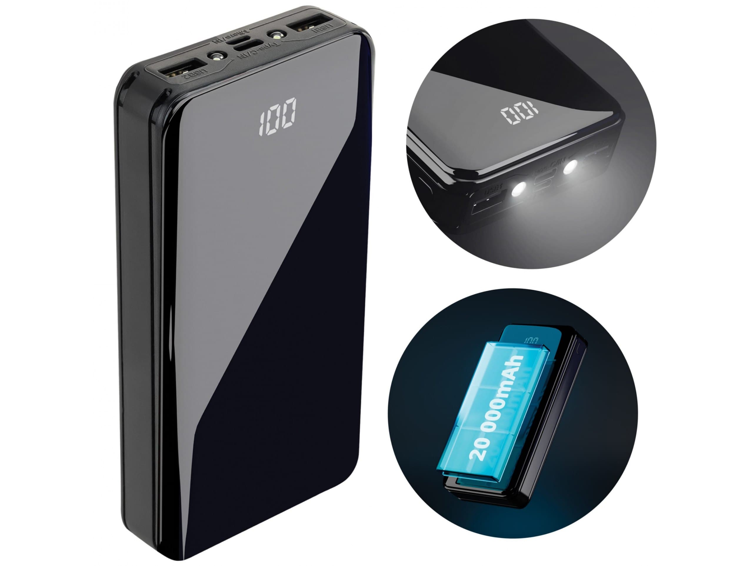 Powerbank 20 000 mah 2 x usb, micro usb, usb-c