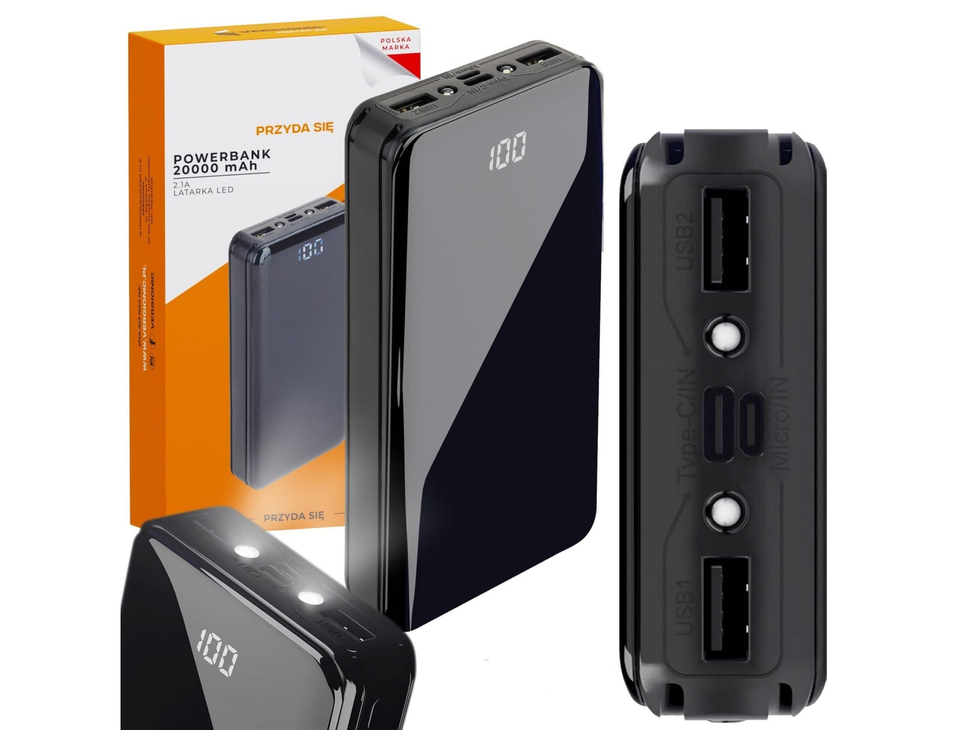 Powerbank 20 000 mah 2 x usb, micro usb, usb-c